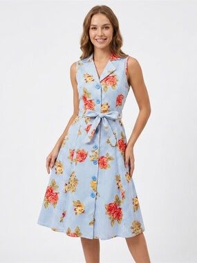 Mlle Gabrielle,  Blue and White Striped Floral Belted Midi Dress - S
